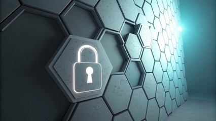 A glowing padlock symbol layered on a hexagon wall