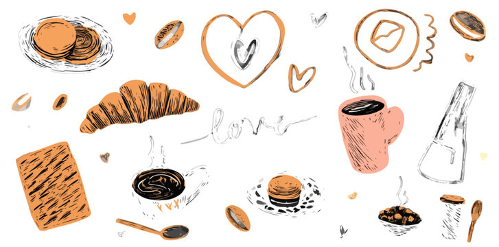 Conjunto de elementos dibujados a mano de desayuno y caf&eacute; con panader&iacute;a, corazones y texto "love" sobre fondo blanco.