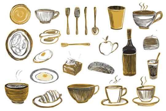 Conjunto de iconos dibujados a mano de vajilla, caf&eacute;, t&eacute; y alimentos para desayuno con fondo transparente.