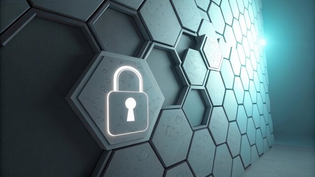 A glowing padlock symbol layered on a hexagon wall