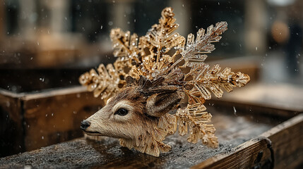 Obraz premium Decorated deer head with ornate, snowflake-shaped antlers on wooden surface.