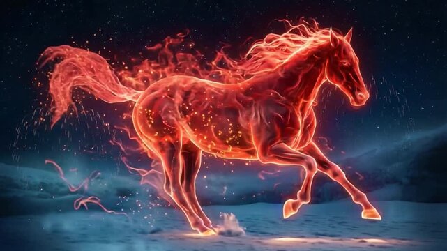 Artistic red horse formed from swirling smoke and sparks fantasy new year symbol