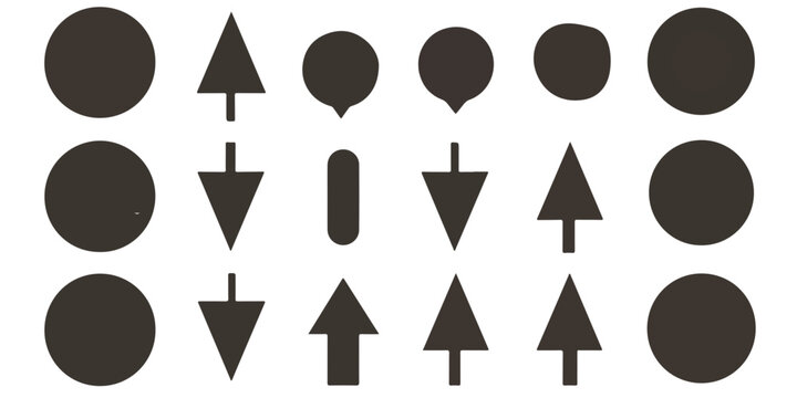 Conjunto de iconos y formas geom&eacute;tricas b&aacute;sicas en negro, incluyendo c&iacute;rculos y flechas, con fondo transparente.