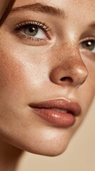 Naklejka premium Close-up portrait of a young woman with natural freckles and glowing skin, emphasizing beauty and individuality