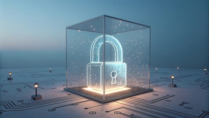 Glowing lock inside a transparent cube on a digital circuit board