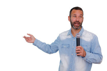 Man presenting to a crowd, holding a microphone while gesturing. Transparent background for easy...