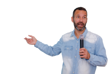 Man presenting to a crowd, holding a microphone while gesturing. Transparent background for easy integration