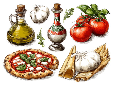 Ilustraci&oacute;n de ingredientes italianos frescos: pizza, aceite de oliva, tomate, ajo y mozzarella en fondo transparente.
