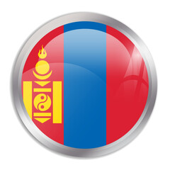 Naklejka premium Mongolia flag - glossy circle button in metal frame displays a colorful flag of a country cultural identity and heritage. The essence of national pride and unity.