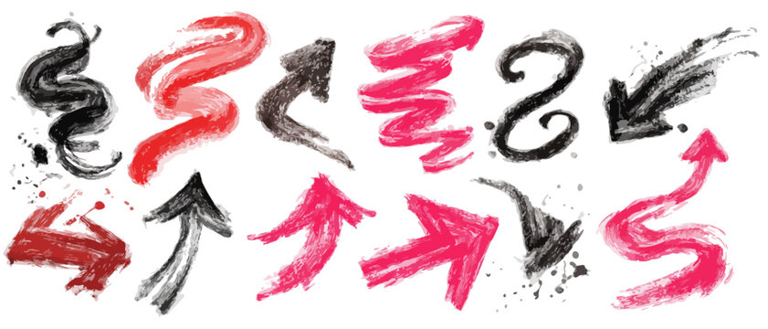 Conjunto de flechas dibujadas a mano con pinceladas rojas y negras sobre fondo transparente para dise&ntilde;o.