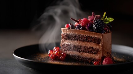 Decadent chocolate cake slice with fresh berries and rising steam, a gourmet dessert experience