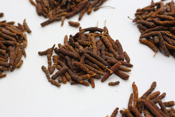 Obraz premium Long pepper (Piper longum), a spice used in traditional medicine and cooking, known for its pungent flavor.
