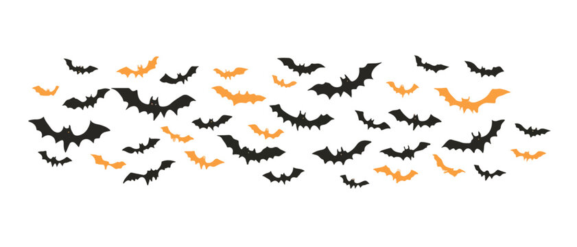 Vuelo de murci&eacute;lagos negros y naranjas en silueta sobre fondo blanco, dise&ntilde;o transparente para Halloween.