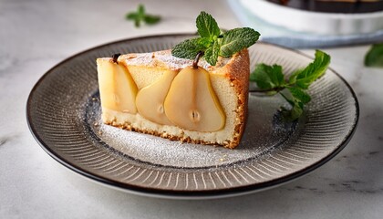 Delicious Pear Cake Slice Adorned With Fresh Mint A Sweet Treat On A Stylish Plate Marble Background