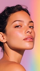 輝く素肌の女性のクローズアップ。美容やスキンケアのイメージに最適な写真。