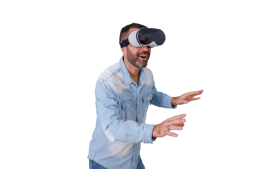Man wearing a virtual reality headset, feeling excited and immersed in a digital world, exploring the metaverse. Transparent background