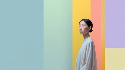 カラフルな背景の前に立つ女性のポートレート。ファッションや広告向けのイメージ素材。