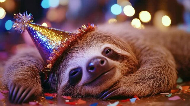 A cute sloth with a party hat and confetti around it. The perfect for a birthday-themed collection or to express slow yet joyful moments.