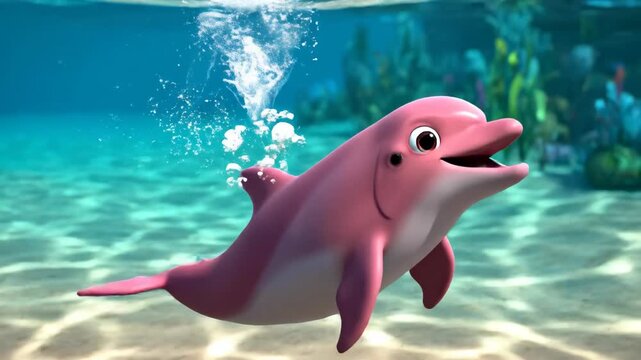 A pink dolphin jumps playfully underwater in a vibrant ocean scene with sunlight shining through the waves