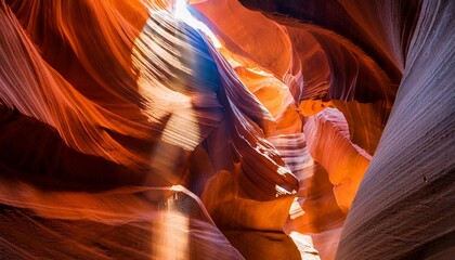 Sunlit Beams Slicing Through Sculpted Orange Sandstone Of Upper Antelope Canyon Revealing Swirling Textures Glowing Walls And Ethereal Desert Light
