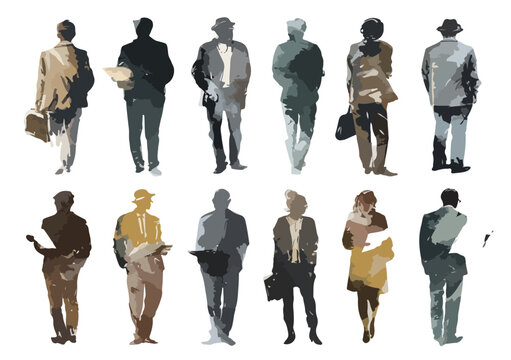 Siluetas de figuras humanas de negocios en acuarela con fondo transparente, estilo boceto minimalista.