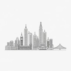 Naklejka premium Minimalist Line Art Cityscape with Iconic Buildings and Bridge.