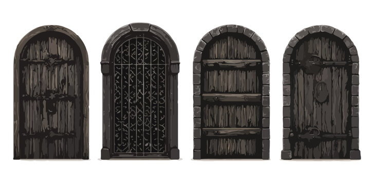 Colecci&oacute;n de cuatro variados dise&ntilde;os de puertas antiguas de madera y reja con arco superior, ideales para fondos.