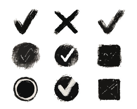 Conjunto de iconos de marca de verificaci&oacute;n y aspas dibujadas a mano en estilo grunge con fondo transparente.