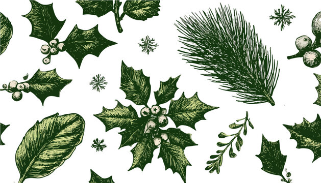 Patr&oacute;n de acebo y pino dibujado a mano con bayas y copos de nieve, ideal para fondo navide&ntilde;o.