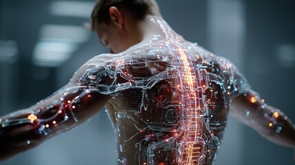 Futuristic biohacking concept with glowing patterns showcasing health enhancement and technology integration in a modern setting