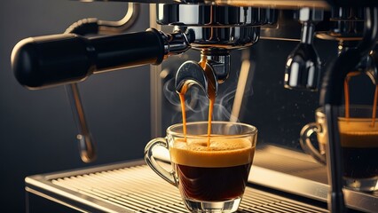 Espresso Machine Brewing Fresh Coffee Into A Clear Glass Cup