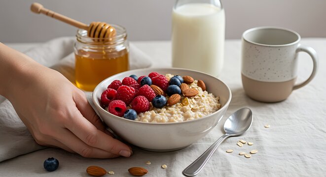 Hand holding bowl of oatmeal with berries and nuts on table with honey and milk raspberries - Powered by Adobe