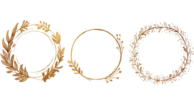 Conjunto de tres marcos circulares dorados con delicados dise&ntilde;os bot&aacute;nicos y hojas, ideales para invitaciones.