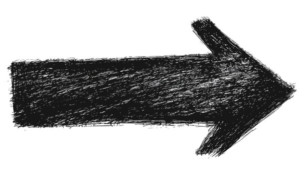 Flecha negra dibujada a mano con textura de carboncillo apuntando hacia la derecha sobre fondo transparente.
