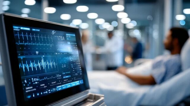 Modern hospital room with advanced patient monitoring system displaying vital signs on a digital screen. Medical professionals work in the background, ensuring patient care and safety