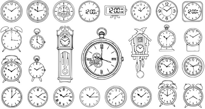 Black and White Line Art Collection of Diverse Clocks, Representing Time, Schedules, and Punctuality