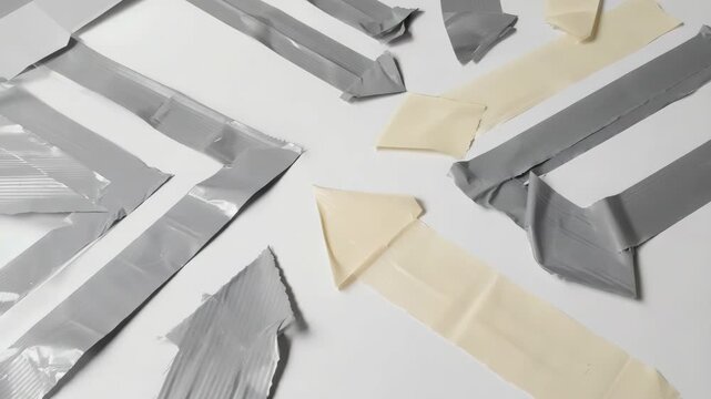 Close-up of torn cigarette packages and silver tape scattered on a white surface.