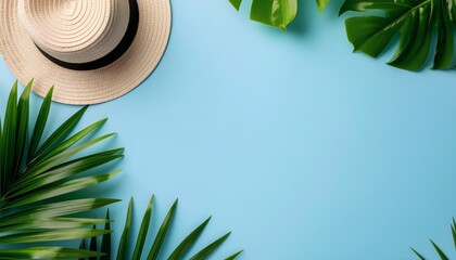 Flat lay of a straw hat surrounded by tropical leaves on a light blue background, with a minimalist and summery feel.