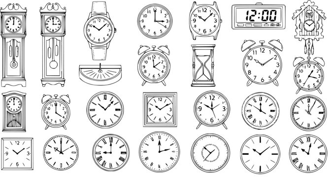 Black and White Line Art Illustration of Various Timekeeping Devices, Clocks, Watches, Sundial, Hourglass, Cuckoo Clock, Digital Clock