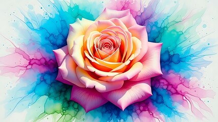 Illustration of vibrant watercolor splash background framing a beautiful peach and pink rose blossom in full bloom