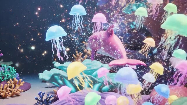 A pink dolphin glides through a vibrant underwater scene surrounded by colorful jellyfish and coral reefs