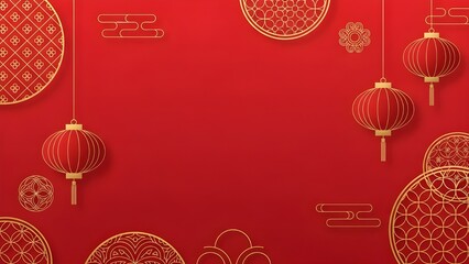 Minimalist Lunar New Year background featuring red backdrop with gold line art lanterns and geometric Chinese patterns. Clean, elegant festive design ideal for modern branding, social media, and promo