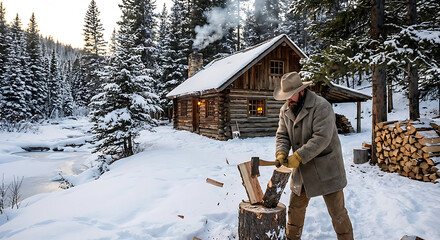 man in a brown coat chopping wood outside a snowy log cabin in a forest