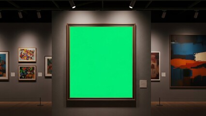 Framed Empty Green Screen Display in Art Gallery