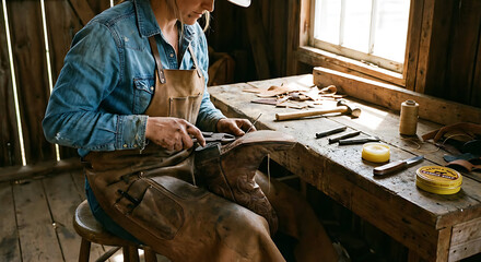 a craftsman in a rustic workshop meticulously working on a piece of leather with various tools scattered around him on a wooden workbench