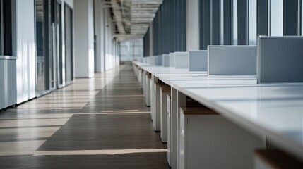 Obraz premium Empty office space with rows of desks, bright and sunlit atmosphere