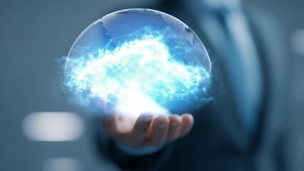 Businessman holding a digital cloud hologram representing cloud computing technology and innovation in a modern business environment. Futuristic concept of data storage and digital transformation - Powered by Adobe