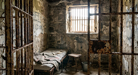 a dimly lit prison cell with a single bed and rusty metal bars on the walls and window