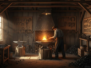 a blacksmith working in a rustic workshop with a glowing fire and various tools around him in a historic setting