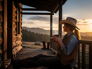 woman wearing a cowboy hat sitting on a wooden porch overlooking a serene mountain landscape at sunset